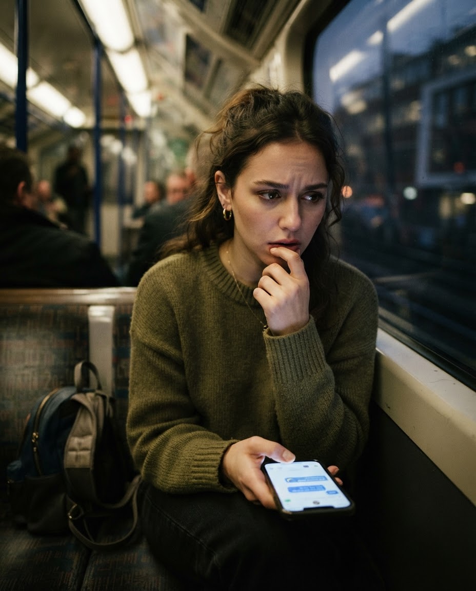 Mulher olhando o celular após um encontro