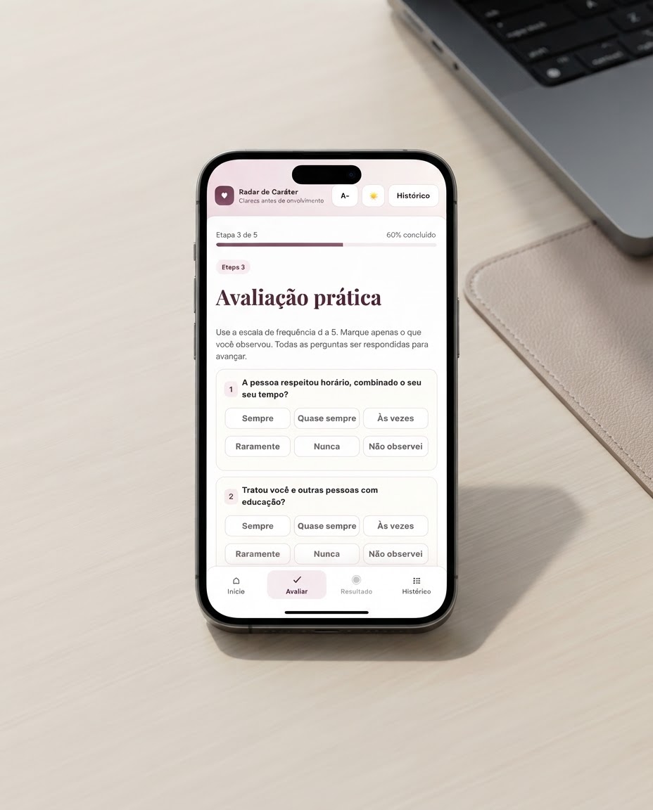 Tela de decisão recomendada do Radar de Caráter