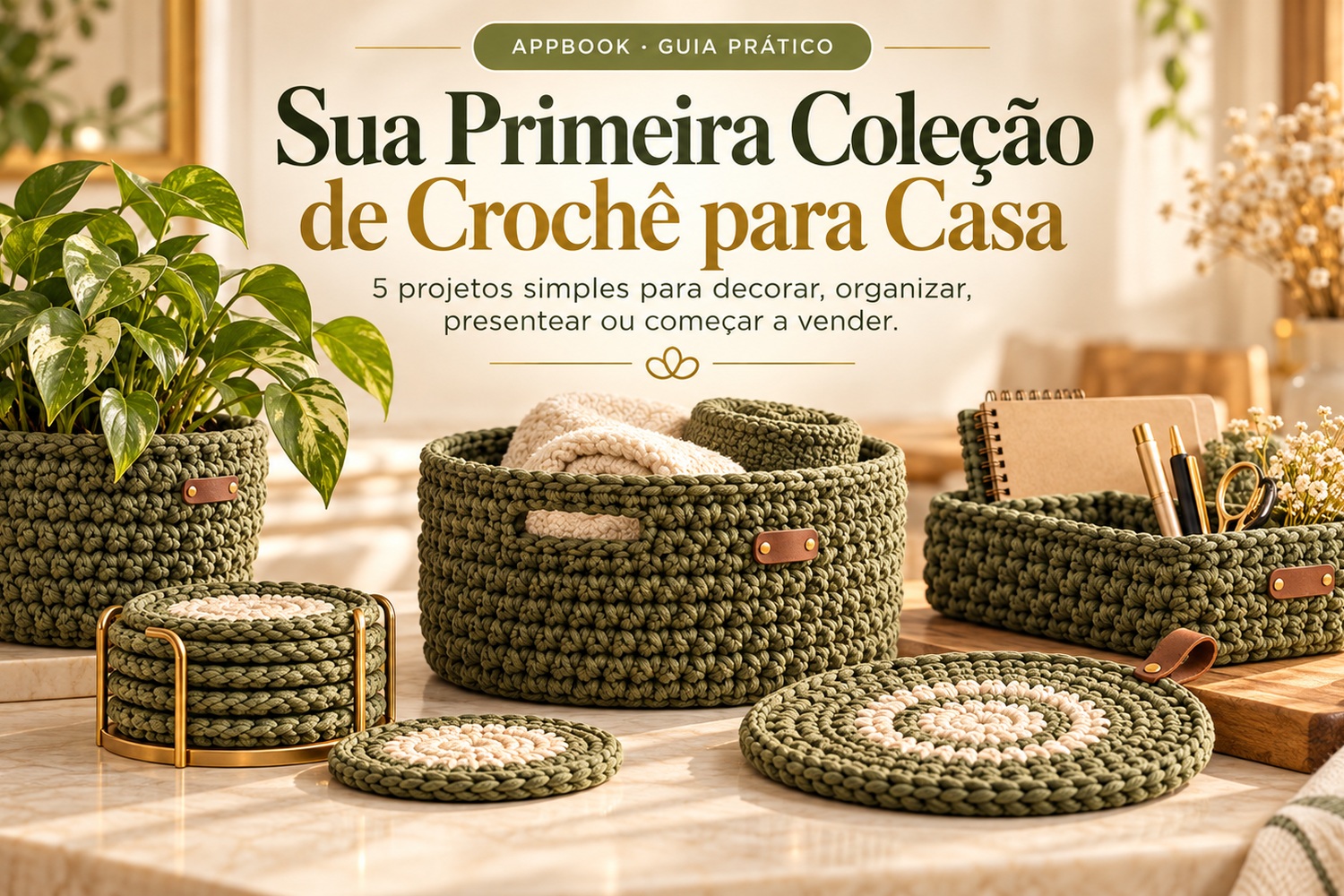 Coleção de peças de crochê para casa em tons coordenados