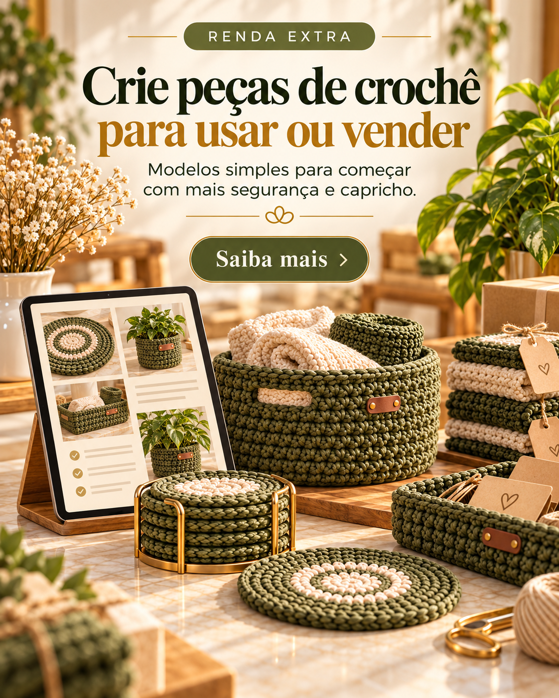 Mãos criando uma peça de crochê para casa em fio natural