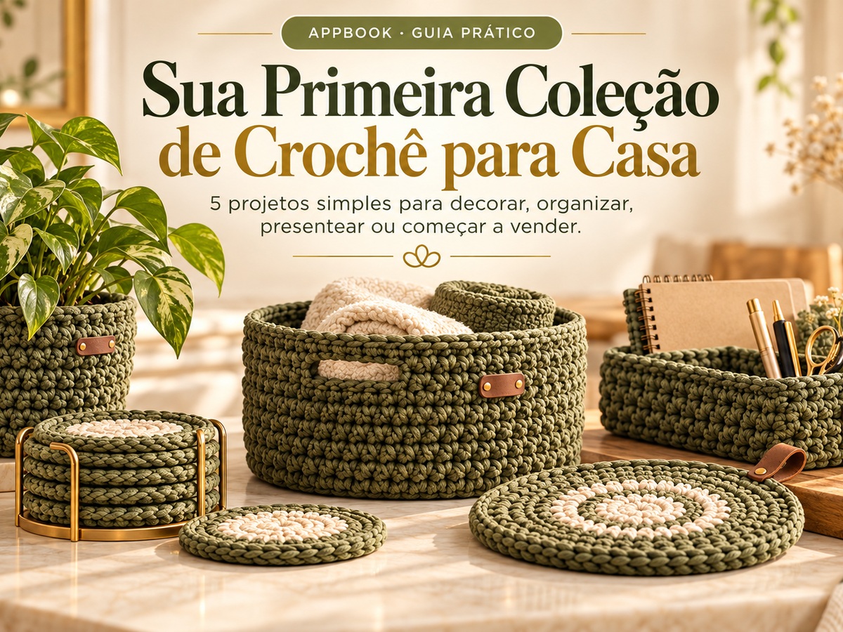 Coleção de peças de crochê para casa com cesto, cachepô, porta-copos e descanso de panela